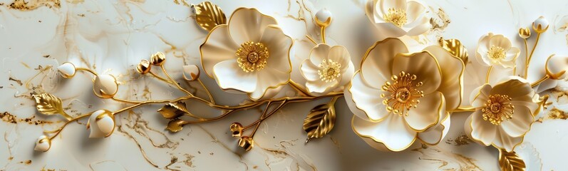 3D Gold Flowers Wallpaper Background, Brooch Flowers, Diamonds, Luxury Wallpaper for interior
