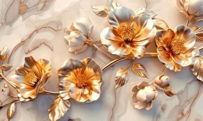 3D Gold Flowers Wallpaper Background, Brooch Flowers, Diamonds, Luxury Wallpaper for interior
