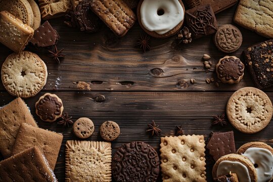 Various biscuits on wooden background