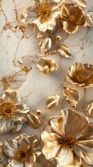 3D Gold Flowers Wallpaper Background, Brooch Flowers, Diamonds, Luxury Wallpaper for interior