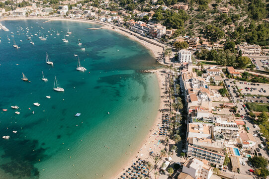 Aerial drone photography of Mallorca shoreline. Vacation destination. 