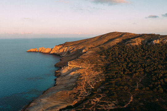 Aerial drone photography of Mallorca shoreline. Vacation destination. 