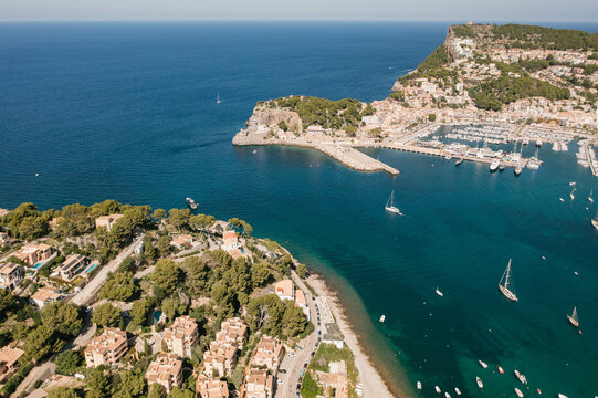 Aerial drone photography of Mallorca shoreline. Vacation destination. 
