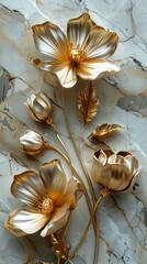 3d render, abstract background with white paper flowers and golden leaves, floral botanical wallpaper