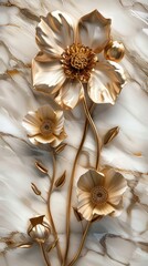 3d render, abstract background with white paper flowers and golden leaves, floral botanical wallpaper