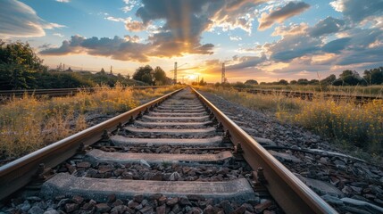 Fototapeta premium A train track with a sun in the sky