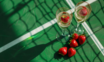Luxury sporting tennis event with glasses of champagne and strawberries on a tennis court