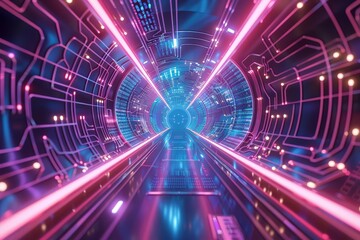 glowing neon circuit board tunnel futuristic data center concept illustration