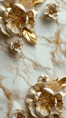 3d render, abstract background with white paper flowers and golden leaves, floral botanical wallpaper