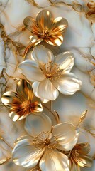 3d render, abstract background with white paper flowers and golden leaves, floral botanical wallpaper