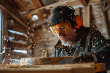 Close up of a man working with carpentry in an indoor workshop, wearing safety glasses