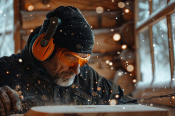 Close up of a man working with carpentry in an indoor workshop, wearing safety glasses