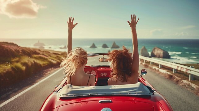 two female friends travelling by car in a red convertible to the sea concept of summer travel by car. Generative ai