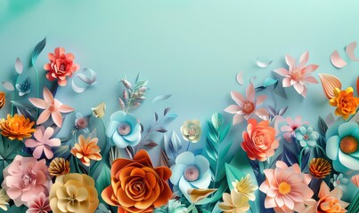 Fototapeta premium 3d rendering, abstract wide panoramic floral background. Floral wallpaper with colorful paper flowers