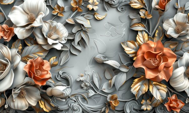 Fototapeta 3D wallpaper for home interior classic decorations background Flowers Classic, illustration