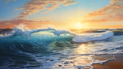 Obraz premium Scenic View of Ocean Waves Crashing During a Beautiful Sunset