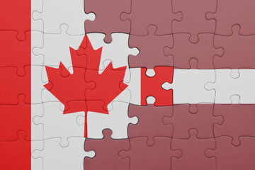 puzzle with the colourful national flag of latvia and flag of canada.