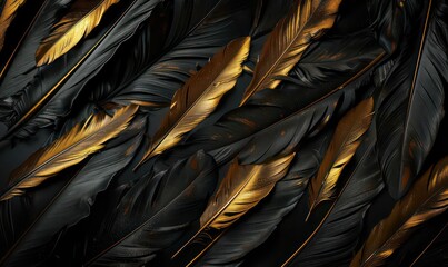 Luxury gold feather on dark background. Golden line art with bird feathers hand drawn wallpaper. Design in seamless pattern for banner, decoration, wall art, invitation, wedding and fabric.