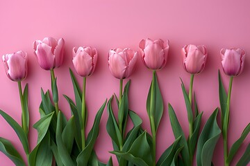 Fototapeta premium A group of pink tulips against a pink background