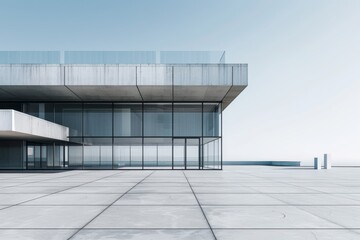 A minimalist modern building with a sleek design and large glass panels, standing on a wide, empty plaza with smooth concrete tiles and a few modernist sculptures 