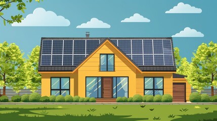 A vectorized house with solar panels on roof, in style of sticker