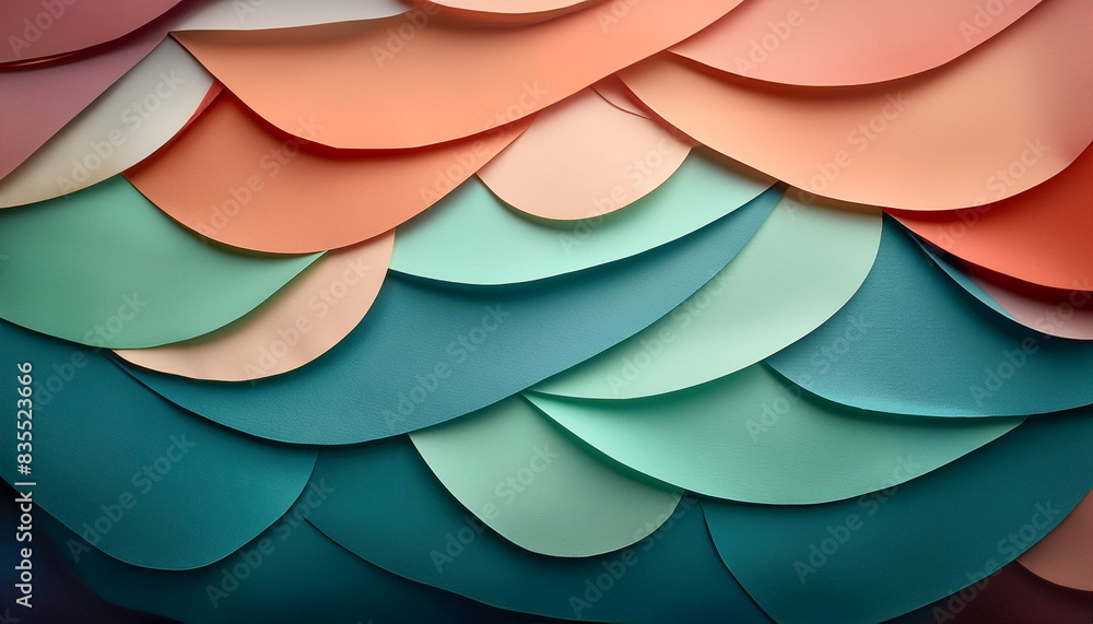 Poster detailed view of a wave-like pattern created by layered gradient turquoise and peach color paper she