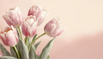 Fototapeta premium Illutration of spring pink tulip flowers on pink background top view in flat lay style. Greeting card for Womens, Mothers Day, wedding invitation or Spring Sale Banner. Generative AI.