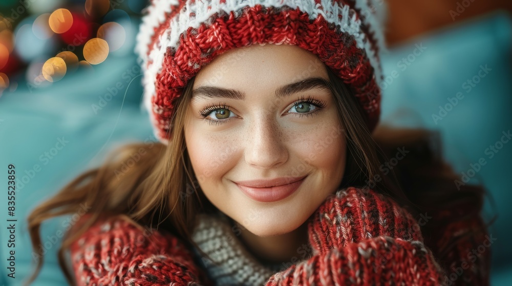 Wall mural A woman wearing red and white hat and a red sweater is smiling