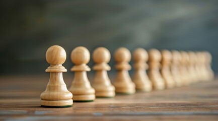 A row of wooden chess pieces, including a pawn, are lined up on a wooden surface