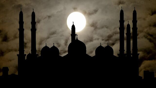 Sanaa: Al-Saleh mosque By Night with Dark Atmosphere, Fog, Smoke, and Full Moon Sana'a, Yemen
