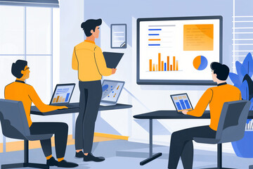 Isometric business people working in the office. Teamwork concept. Vector illustration.