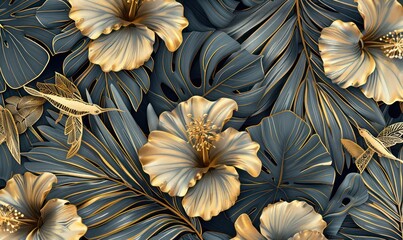 Tropical exotic vintage seamless pattern with gold hibiscus, colibri, banana leaves, palm leaves, colocasia. Hand-drawn 3D illustration