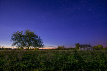 Serene and peaceful nightscape with starry sky over a rural landscape featuring a tree and farmhouse
