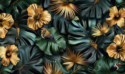 Tropical exotic vintage seamless pattern with gold hibiscus, colibri, banana leaves, palm leaves, colocasia. Hand-drawn 3D illustration