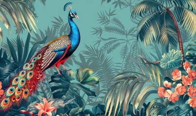 Obraz premium Tropical vintage peacock bird, palm tree and plant floral seamless border blue background. Exotic jungle wallpaper.