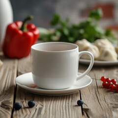 Fototapeta premium Mockup white cup on saucer on wooden table in cozy rural interior with motifs of national cuisine. Red berries, currants, rowan, dumplings, borscht, khinkali