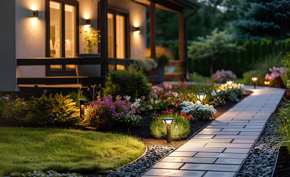 Modern gardening landscaping design details. Illuminated pathway in front of residential house. Landscape garden with ambient lighting system installation highlighting flowers plants