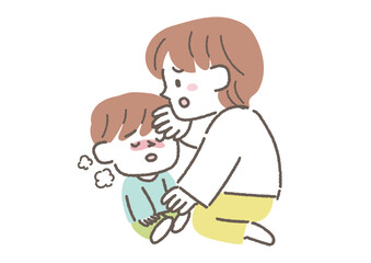 熱が出ている子供を心配する母親のイラスト