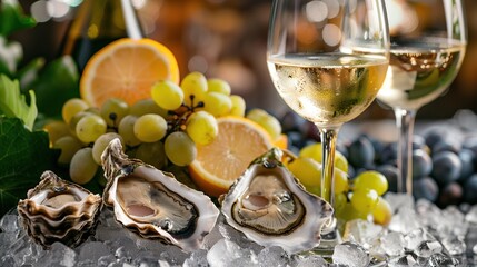 Fresh oysters on ice with citrus fruits, grapes, and a glass of white wine, set in a refined presentation