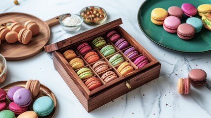 Colorful macarons in a hand-crafted wooden box on a polished white marble surface with scattered flowers. Gourmet dessert and sweet treat concept.