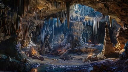 A well designed cave passage adorned with stalactites and stalagmites in a subterranean environment