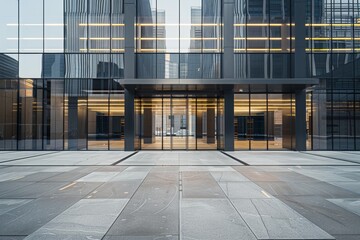 Fototapeta premium A stylish, minimalist office building featuring extensive glass and steel, located on an empty, expansive plaza with polished stone surfaces and minimalistic design elements 