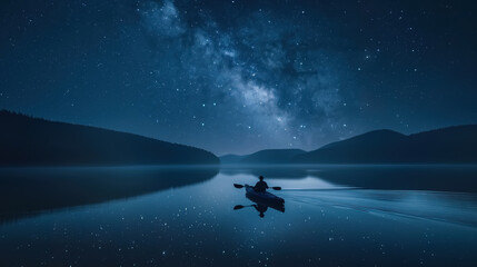 A photo of a kayaker paddling on a serene lake under a clear, starry night sky