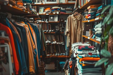 interior of second hand clothing shop or thrift store racks with used garments accessories books and household goods sustainable shopping concept