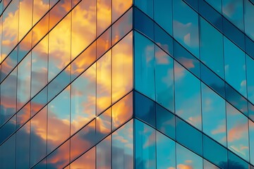 Close-up of a corner section of a glass building, with reflections of passing clouds, golden hour