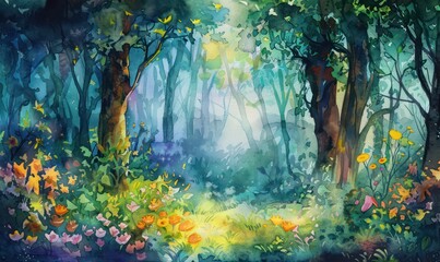 Watercolor illustration-Fairy forest. Children's interior Wallpaper