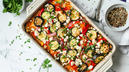 baked vegetable casserole with feta cheese on white marble table