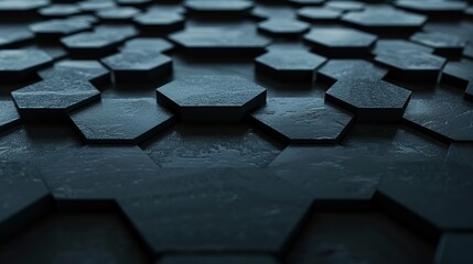 Abstract hexagon geometry background. 3d render of simple primitives with six angles in front. Dark lighting