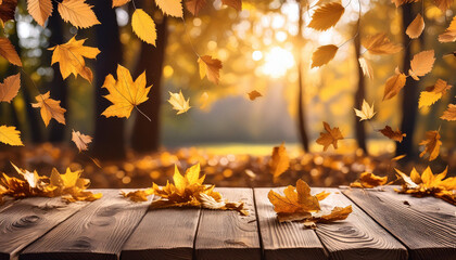 Serene autumn backdrop with golden leaves falling onto a wooden surface bathed in warm, soft sunlight filtering through trees - Powered by Adobe