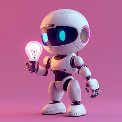 A robot is holding a light bulb in its hand. The robot is white and has blue eyes. The light bulb is glowing and is the main focus of the image